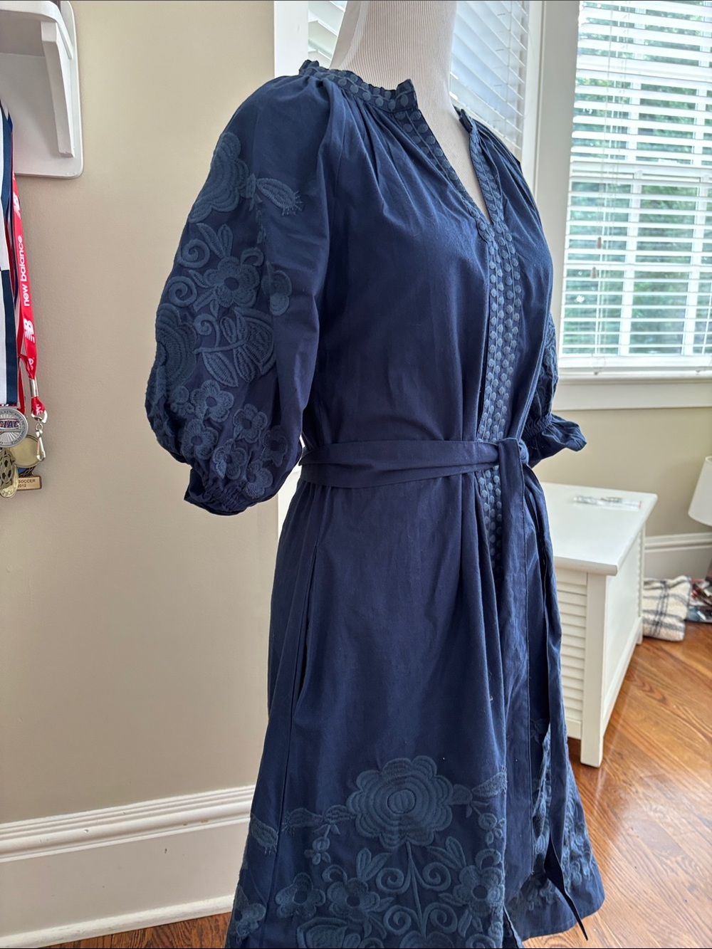 Navy Embroidered Midi Dress with Belt - Picture 6 of 8